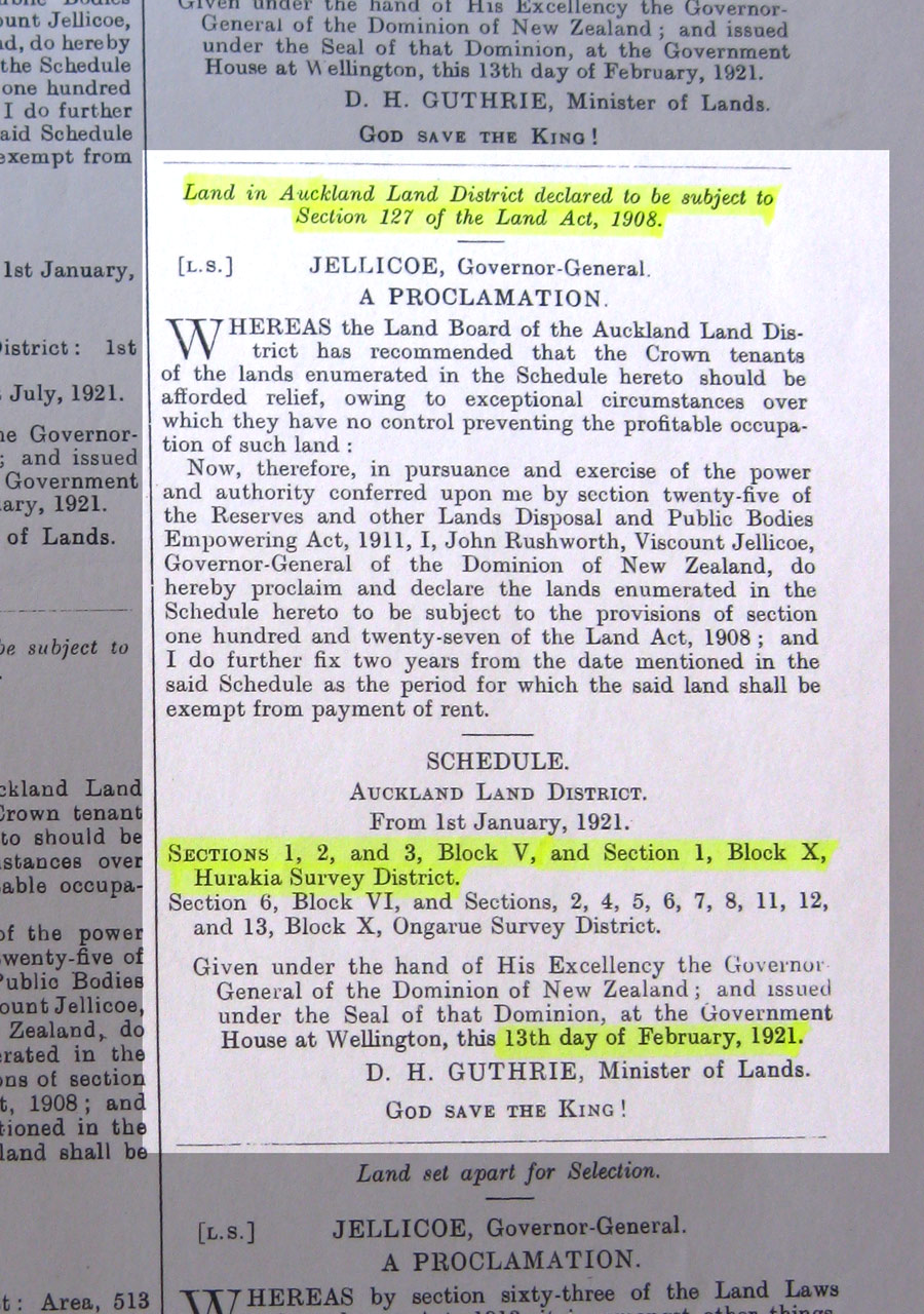 1921 Block 5 Waimiha rent exemption proclamation from Jellicoe Governor-General